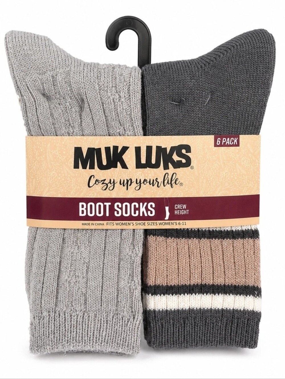 Muk Luks Women’s Boot Socks 6-Pack Crew Height Size 6–11